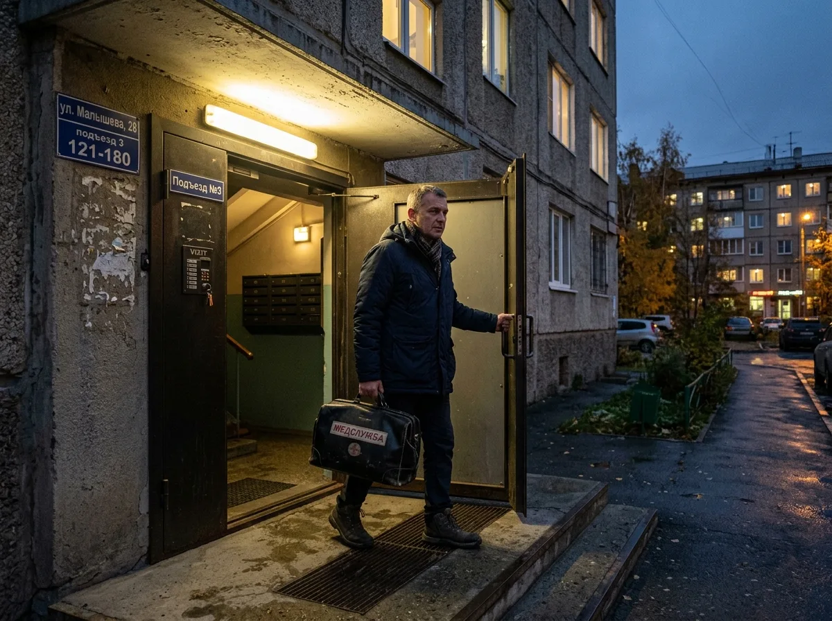 Врач-нарколог в гражданской одежде входит в подъезд жилого дома с медицинским чемоданчиком для выезда к пациенту, Екатеринбург, вечернее время